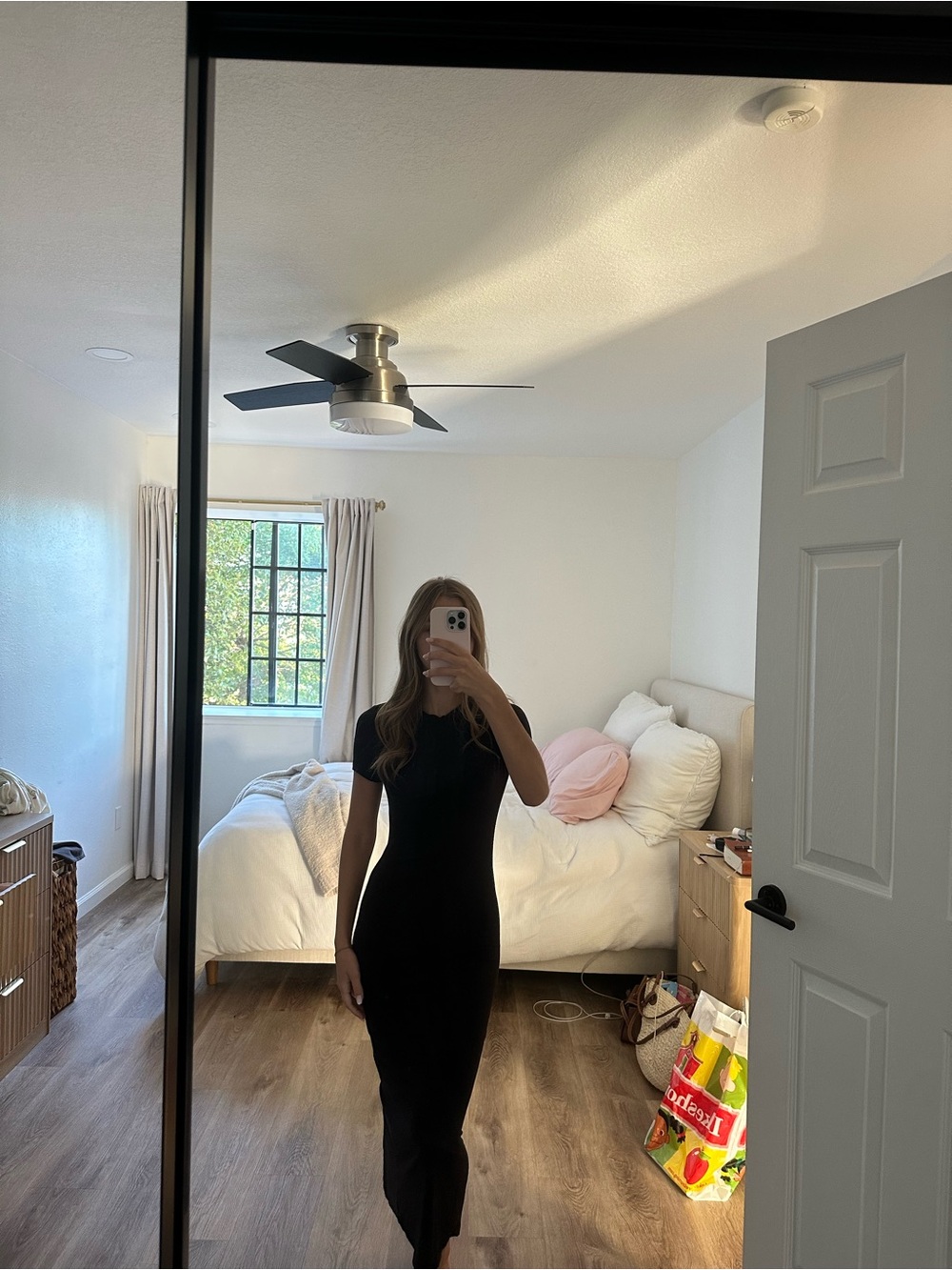 Classic Black Short-Sleeve Midi Dress